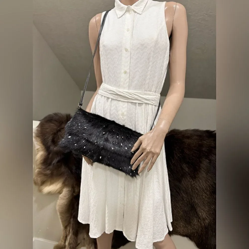 Black Real Goat Hair-on Hide Handmade Baguette Bag, 2 Straps Style